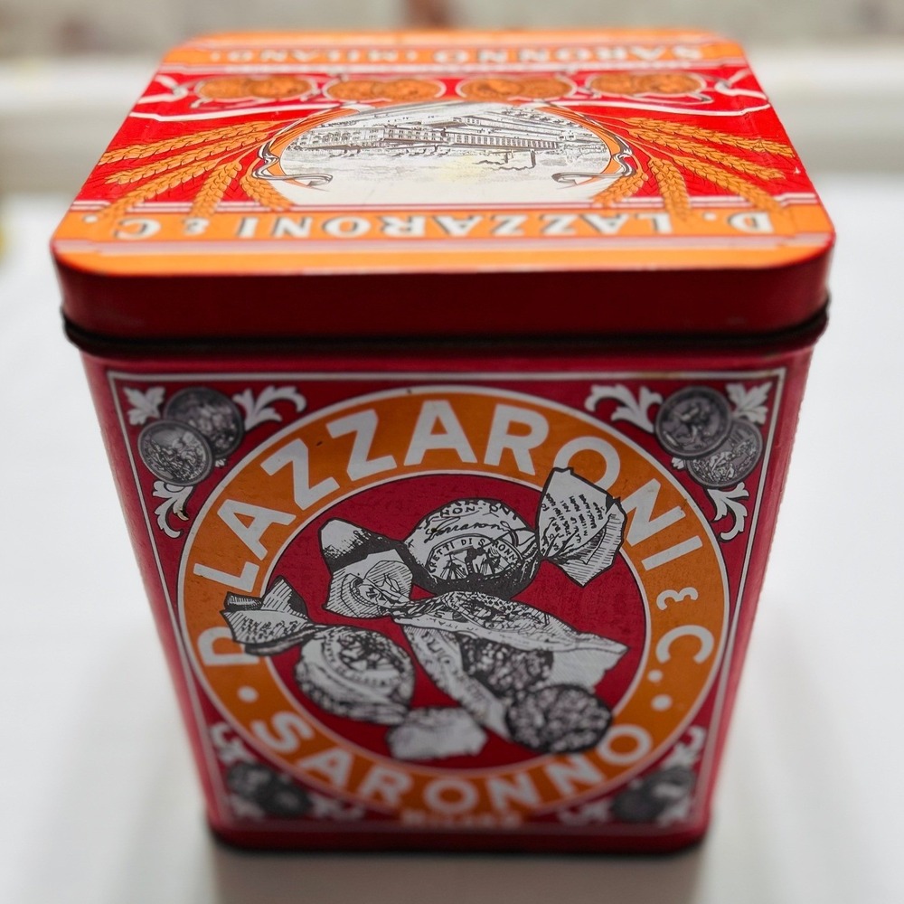 Lazzaroni Saronno Biscuit Tin Vintage Red Orange Fair Italian Amaretti Decor